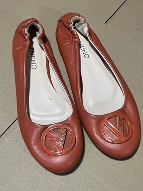 Valentino Italian Leather Burnt Orange Logo Ballet Flats